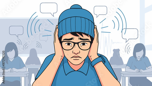 Stressed student covering ears in classroom overwhelmed by noise and thoughts.