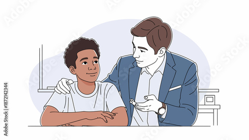Supportive Conversation Man Comforting Boy with Hand on Shoulder.