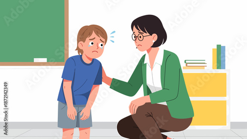 Teacher comforting a sad student in a classroom setting.