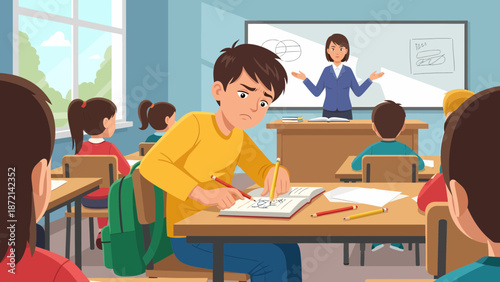 Stressed Student Struggling with Math Problems in Classroom Setting.