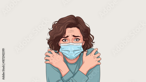 Woman in Mask Shivering Experiencing Cold or Fear.