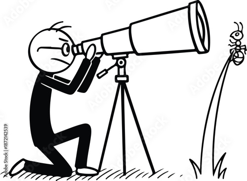 Man Observing Through Telescope with Insect Nearby.