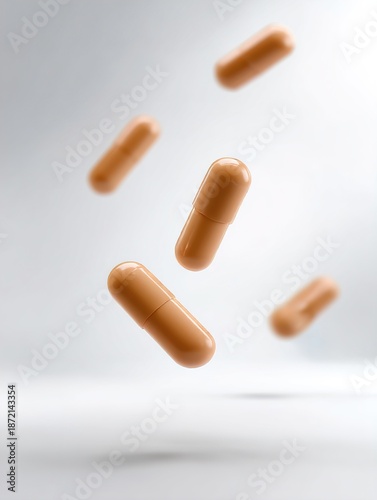 Hyper-Realistic Beige Capsule Pills Floating in Clear Space for Medical, Health, and Pharmacy Use