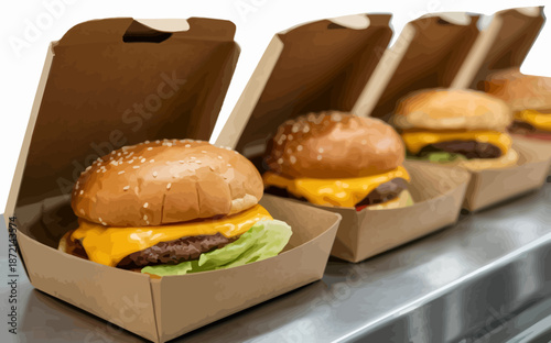 Delicious Burgers in Cardboard Boxes Ready to Serve