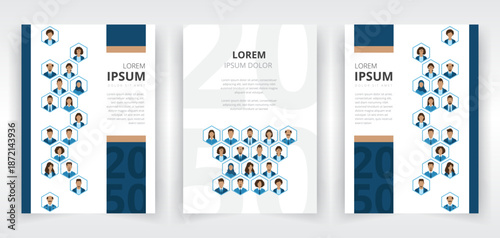 Set of clean, professional and modern poster, report cover or flyer templates featuring diverse office workers or corporate people in hexagonal frames.