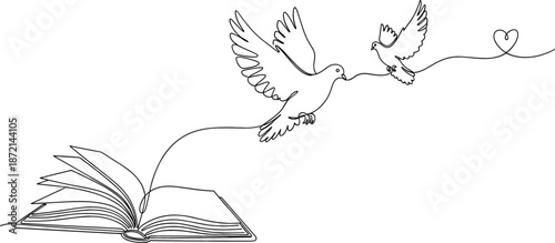 Continuous line art vector illustration of an open book with two flying doves for peace and education concept.