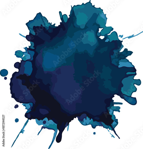 Abstract splash of vibrant blue and turquoise watercolor ink on a pure white canvas, Art & Illustration