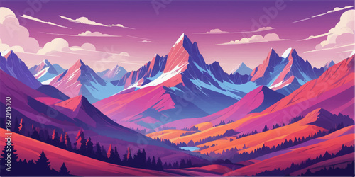 Sunrise and sunset in the high alpine mountains of the Austria Alps featuring a snowy peak over a green forest valley with summer clouds in the nature landscape view