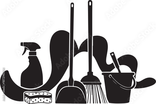 Cleaning tools and supplies in black silhouette style
