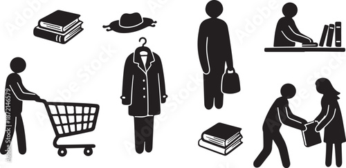 Black and white illustration of daily life activities