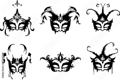 Elegant Venetian Masquerade Mask Silhouette  Set