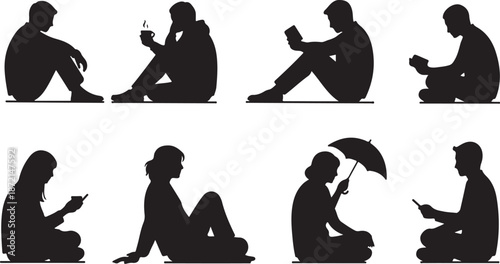 Silhouettes of people reading and using devices outdoors