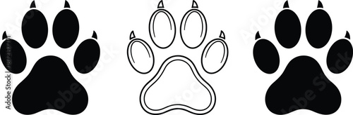 Set of three predator paw print icons featuring sharp claws in solid and outline styles cad drawing flat vector illustration