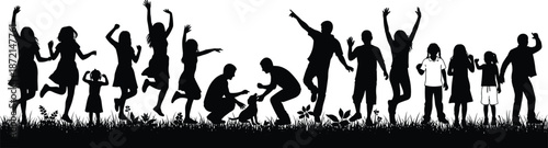 Silhouette of happy people jumping and playing with dog in park grass cad drawing flat vector illustration for architectural visualization