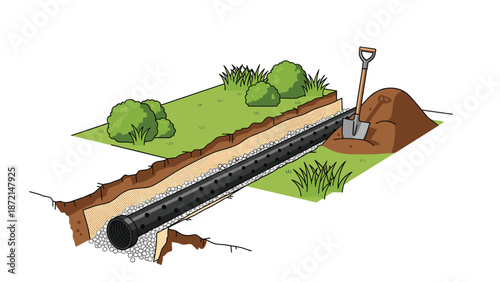 Newly installed perforated drainage pipe buried in a gravel-filled trench, with a shovel and soil mound nearby, ready for backfilling.