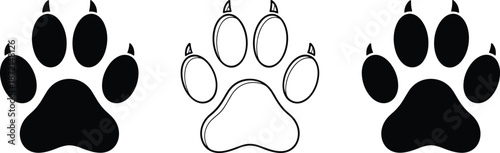 Animal paw print silhouettes with sharp claws and outline vector icons cad drawing flat vector illustration for pet veterinary design