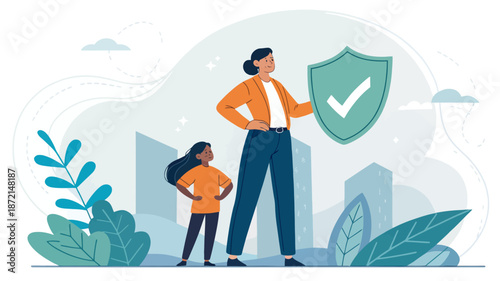 Woman and child standing confidently with shield and city background