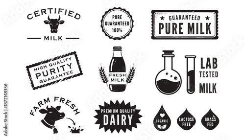 Variety of milk quality labels and dairy product icons