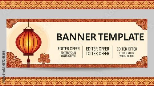 Eid Mubarak banner template with a red lantern and floral designs on a beige background, featuring editable text areas for a Ramadhan or festive layout