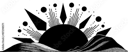 Abstract sunburst with geometric shapes and lines behind hills