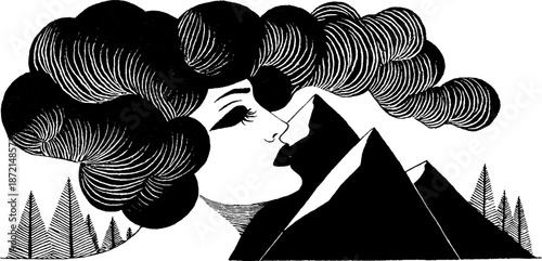 Surreal woman with flowing hair kissing mountain peaks in black and white art