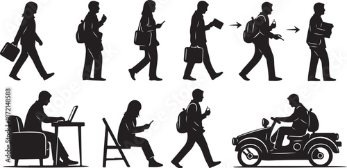 Businessman Daily Routine Silhouette Vector Graphics