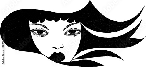 Artistic black and white illustration of female face with flowing hair