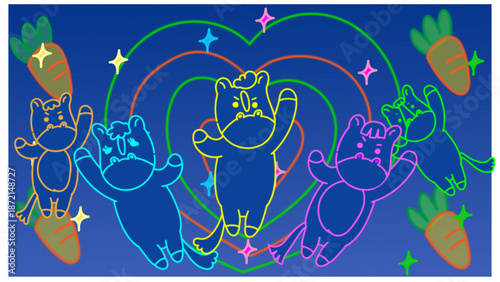 多様な仲間たちが集まり成功を祝う動物キャラクターのイラスト