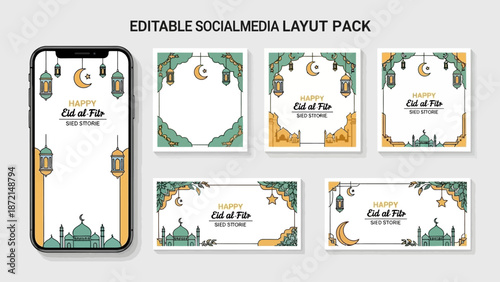 Editable social media layout pack for Ramadhan and Eid Mubarak celebrations, featuring a collection of customizable cards and banners with Islamic-inspired designs on a clean white