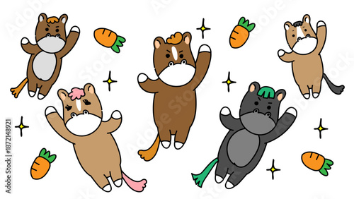 仲間みんなで成功を祝う動物キャラクターのイラスト