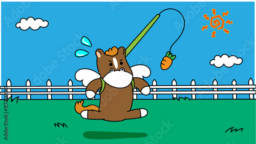 目標や誘惑に気を取られて集中できない社会人の馬のイラスト