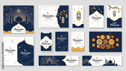 Collection of Ramadan and Eid Mubarak editable social media posts and banners with various layouts and designs in a dark blue and gold color scheme on a light gray background.