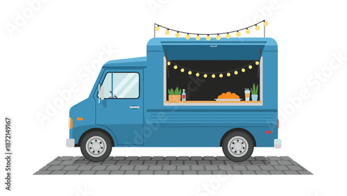 Charming blue food truck adorned with decorative string lights, parked on a paved street, ready to serve delicious street food.