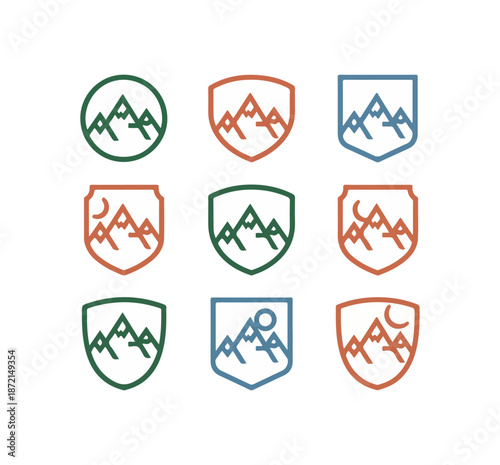 Mountain range icons set various shapes green orange blue