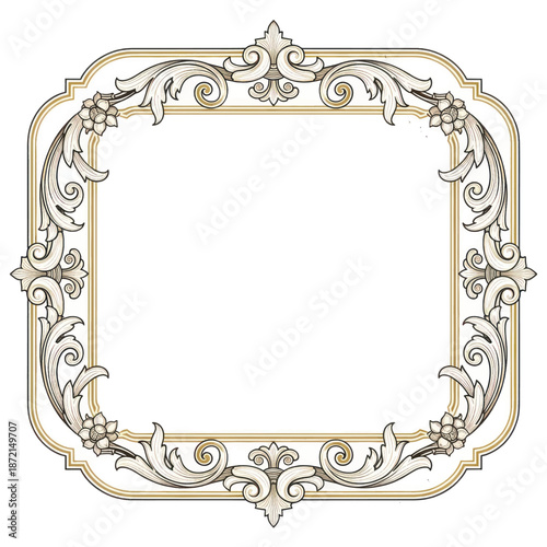 Ornate gold decorative frame with floral scrollwork suitable for invitations and design projects.