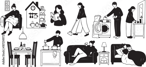 Daily Life Activities of People at Home Illustration Set