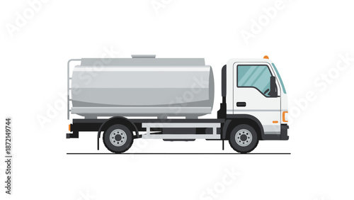 Modern white tank truck designed for transporting liquids such as milk or chemicals, standing isolated on a clean background.