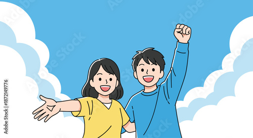 Cheerful young man and woman smiling and reaching out towards the viewer against a bright blue sky with white clouds.