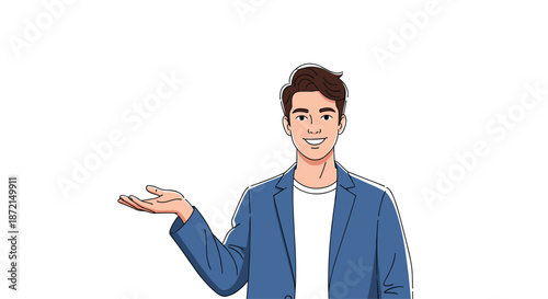 Confident young man in a stylish blue blazer presenting something with an open palm gesture on a white background.