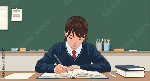 Diligent student girl in uniform focused on writing notes in her notebook at a wooden desk in a classroom setting.