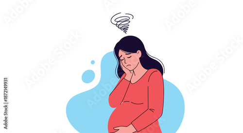 Stressed pregnant woman in a red dress feeling overwhelmed or dizzy with a dark spiral symbol above her head.