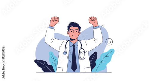Confident male doctor in a white coat raising both fists in a powerful gesture of triumph and medical success.
