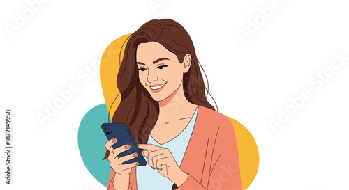 Smiling young woman with long brown hair using her smartphone for social media or communication with friends.
