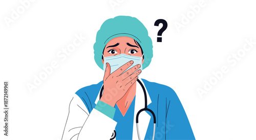 Concerned medical doctor in surgery cap and mask covering her mouth with a question mark indicating uncertainty.