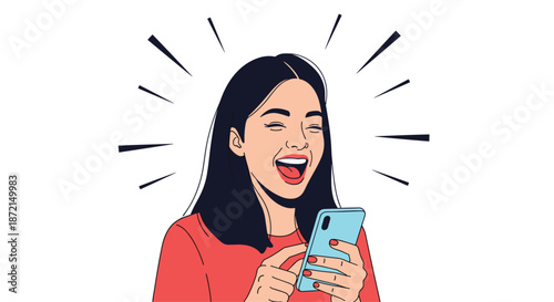 Happy young woman laughing out loud while looking at funny online content or a message on her smartphone screen.