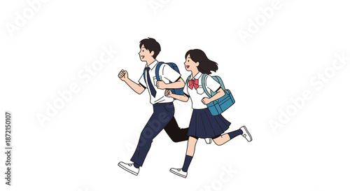 High school boy and girl in uniforms running together with backpacks as they head to class or leave for a break in an active way.