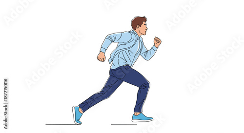 Fit young man in a blue jacket and navy pants running fast on a white background in a determined and athletic motion.