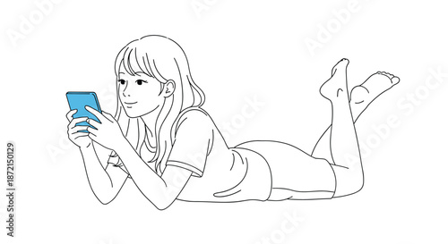 Simple line drawing of a young girl lying on her stomach on the floor while looking at her smartphone with a blue screen.