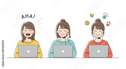 Three versions of a young woman at her laptop showing different emotions like laughing thinking and smiling during work.