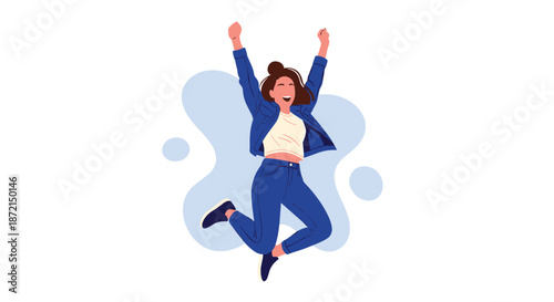Happy young woman jumping high in the air with arms raised in a celebration of joy success and personal achievement.